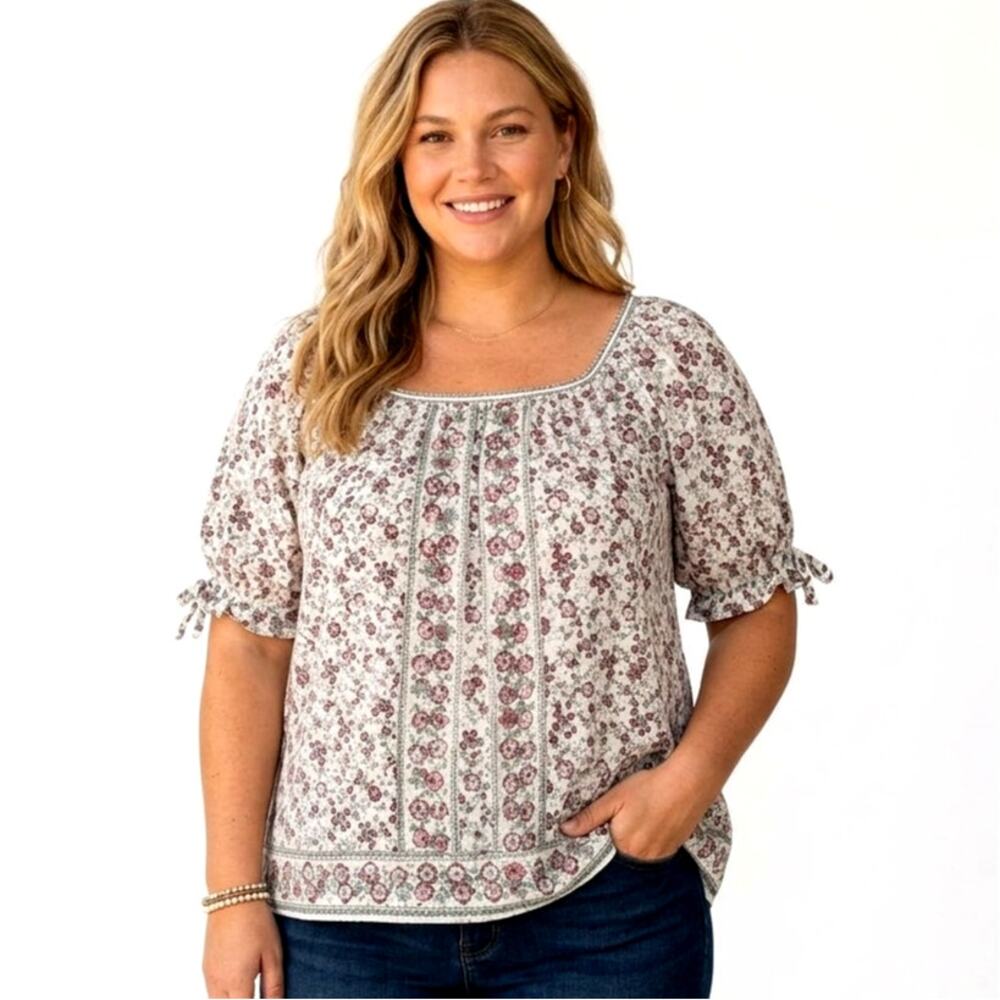 Max Studio Floral Top Womens Size 3X White Red Peasant Puff Sleeves Square Neck
